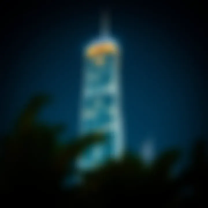 Night view of Al Mansoor Tiger Tower illuminated against the dark sky