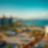 Scenic view of Blue Water Island with parking areas