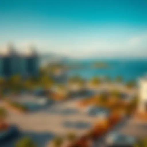 Scenic view of Blue Water Island with parking areas