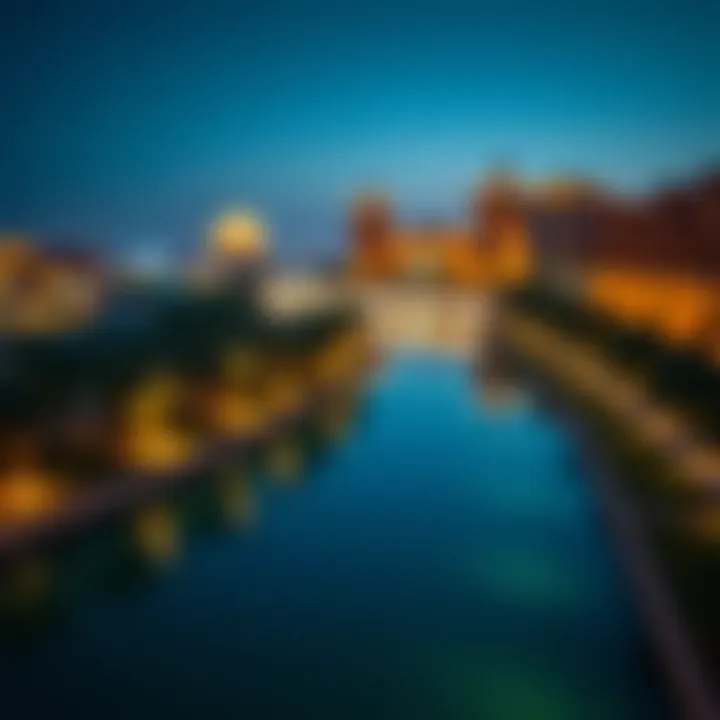 Night view of Riverland Dubai illuminated with enchanting lights