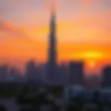 A stunning view of the Burj Khalifa amidst a vibrant sunset