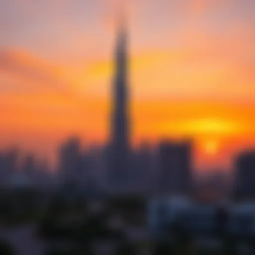 A stunning view of the Burj Khalifa amidst a vibrant sunset