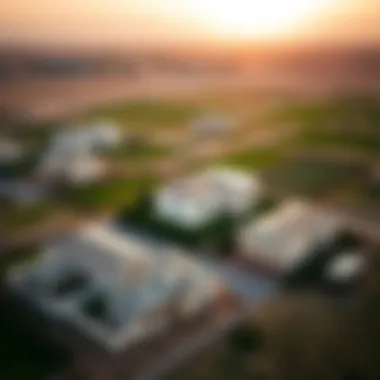 Aerial view of multiple farmhouses in a serene location