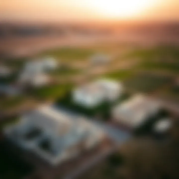 Aerial view of multiple farmhouses in a serene location