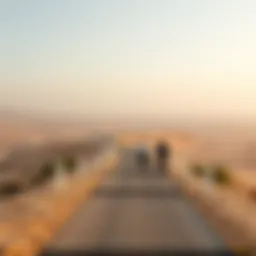 Scenic view of Al Qudra cycling path surrounded by desert landscape