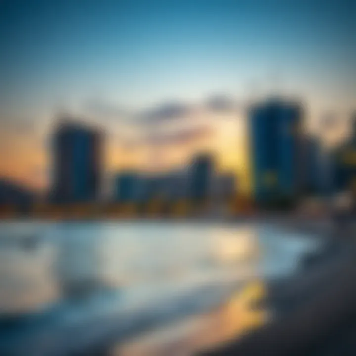Relaxing sunset at a city beach, encapsulating the essence of urban tranquility.