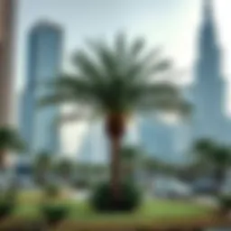 A lush date palm oasis in Dubai's skyline