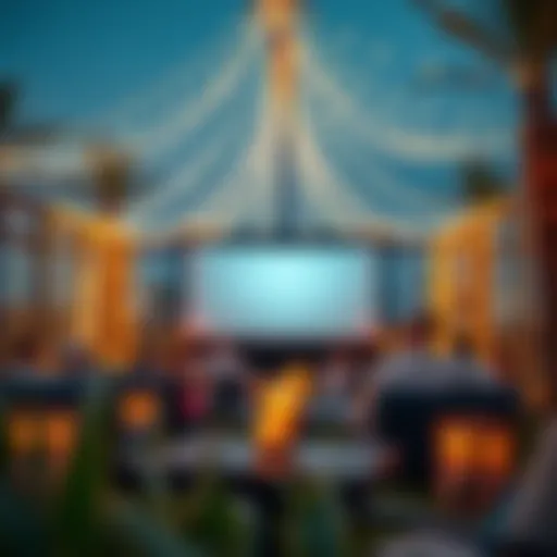 A stunning outdoor cinema setup in Dubai with a large screen surrounded by fairy lights.