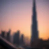 A stunning view of the Burj Khalifa at sunset illuminating the Dubai skyline.