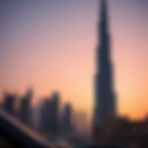 A stunning view of the Burj Khalifa at sunset illuminating the Dubai skyline.