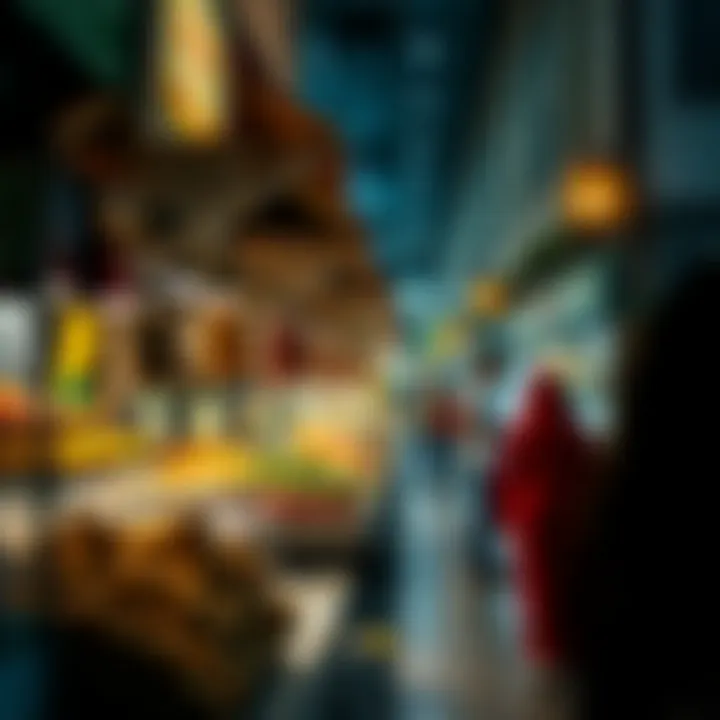A bustling market scene with food stalls offering a variety of local delicacies