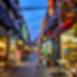 A vibrant street filled with various dining establishments showcasing diverse cuisines