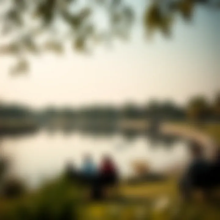 Visitors relaxing by the pond in a tranquil setting
