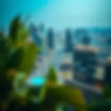 A panoramic view of the vibrant skyline of Mirdif, showcasing modern architecture and lush green spaces.