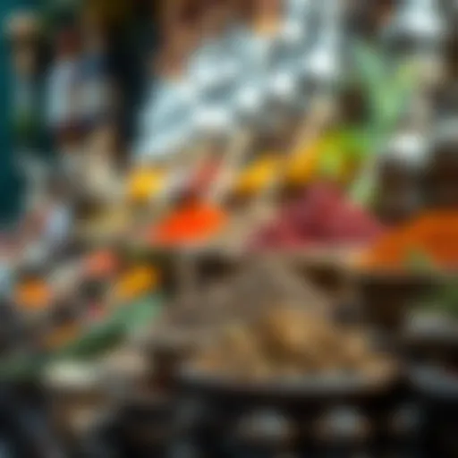 A colorful display of spices and herbs in a traditional souk