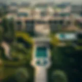 Aerial view of the Fayed estate showcasing its sprawling gardens and architectural splendor
