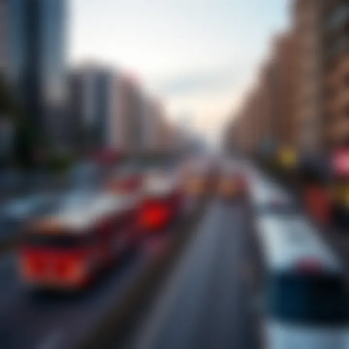 View of International City with buses in transit