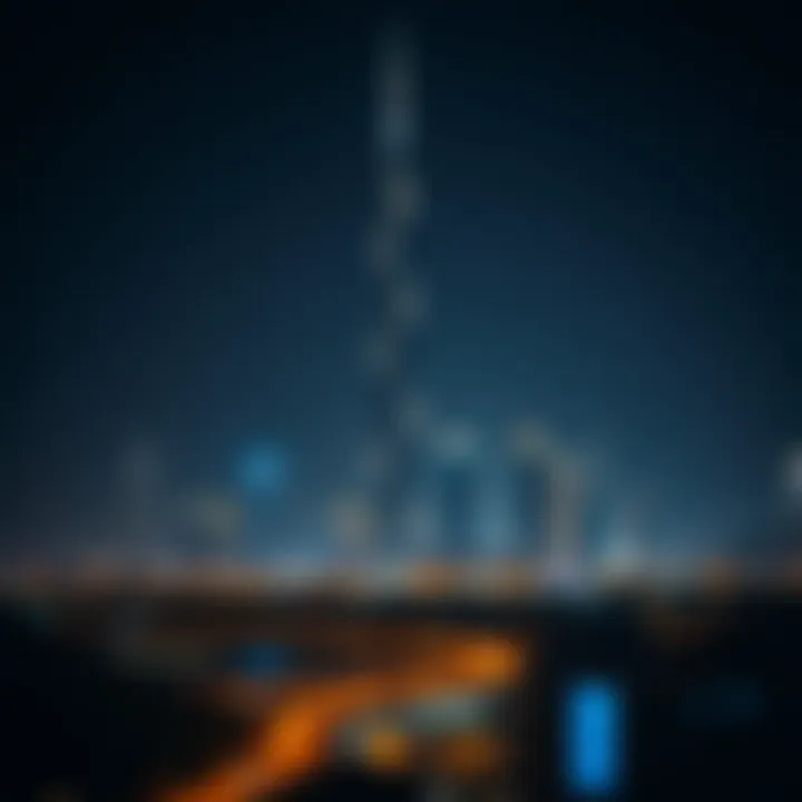 Night view of Lereve Tower illuminated against the Dubai skyline