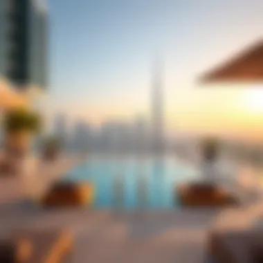 Relaxing Poolside Oasis Above the City Outdoor pool area with stunning skyline backdrop