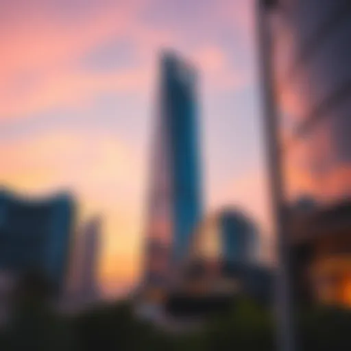 Stunning view of Meydan One Tower at sunset, highlighting its architectural elegance