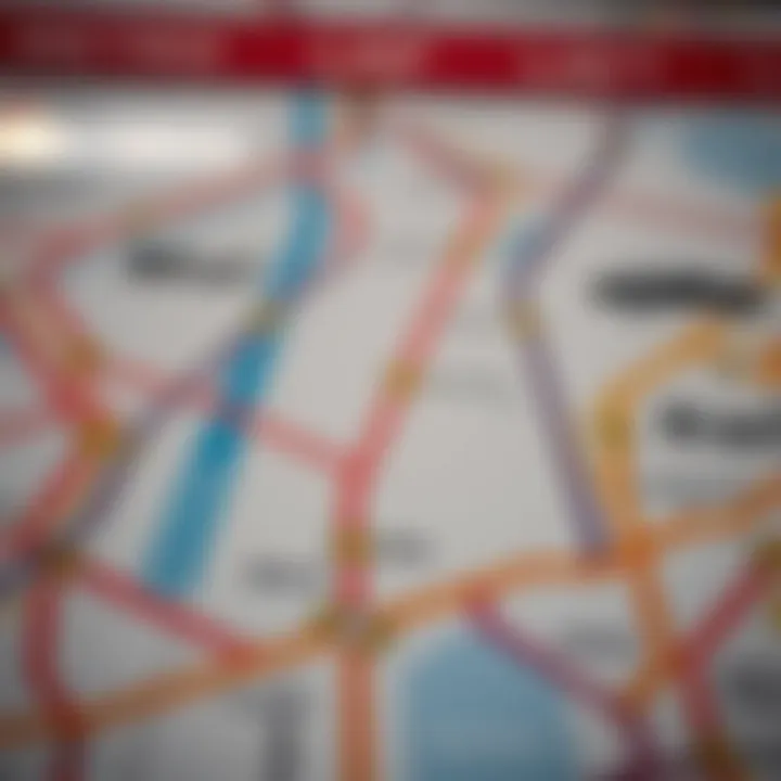A close-up of metro station map features such as landmarks and color coding