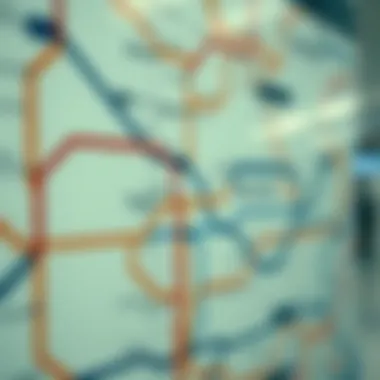 An intricate metro station map highlighting key routes and connections