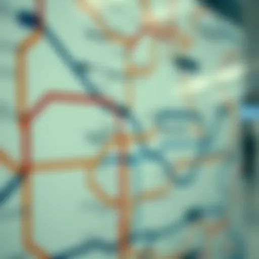 An intricate metro station map highlighting key routes and connections