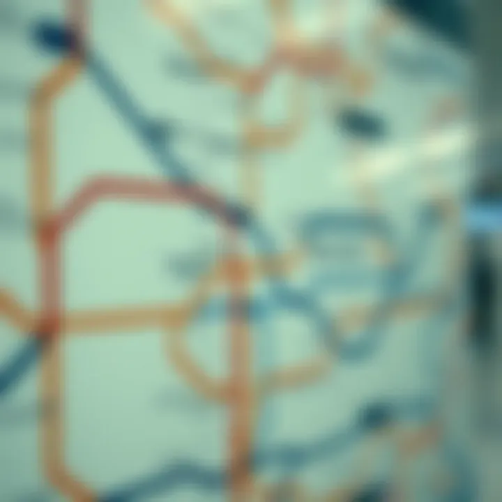 An intricate metro station map highlighting key routes and connections
