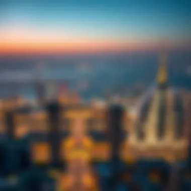 Dubai Skyline Illuminated During Ramadan An aerial view of Dubai showcasing its skyline illuminated during the Ramadan period