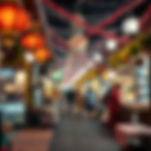 A vibrant market scene during Ramadan in the UAE filled with festive decorations and lights
