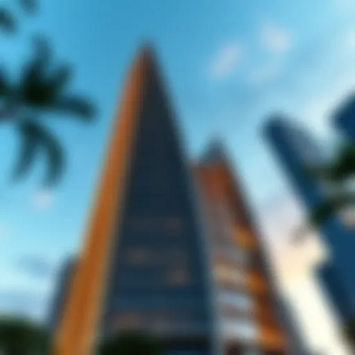The striking facade of the Torch Tower showcasing its unique design.