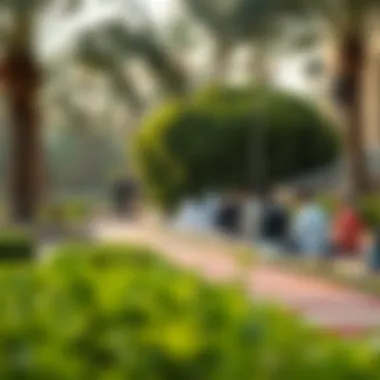 Community Observance in a Dubai Park A serene park in Dubai with families observing prayer time