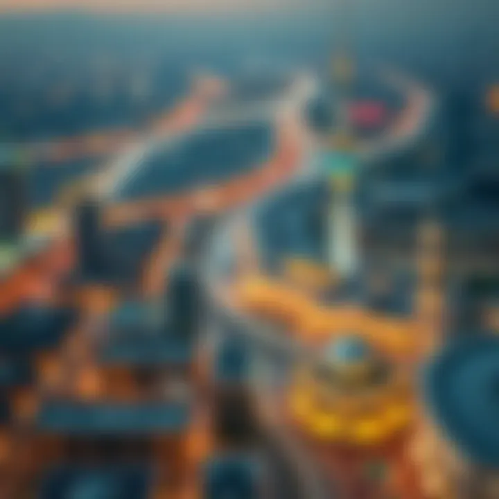 An aerial view of Dubai with prayer time highlights